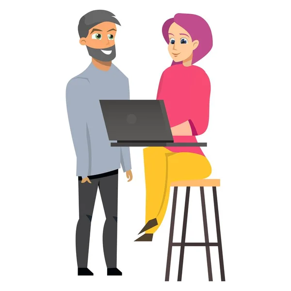 Hombre joven y mujer de trabajo portátil — Vector de stock