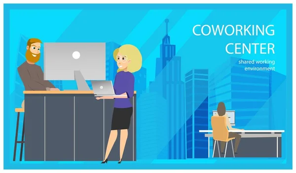 Coworking Recepción Hombre Invitar Banner Mujer — Vector de stock