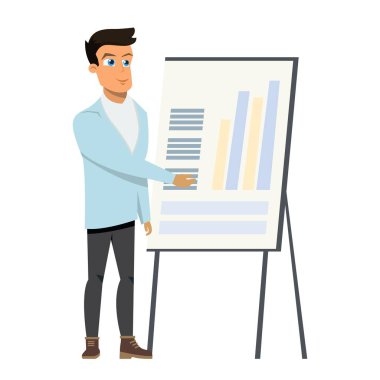 Diyagram grafik beyaz tahta üzerinde işaret iş adamı