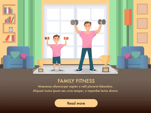 Feliz Pai e Filho Treinamento Permanente Home Sport —  Vetores de Stock