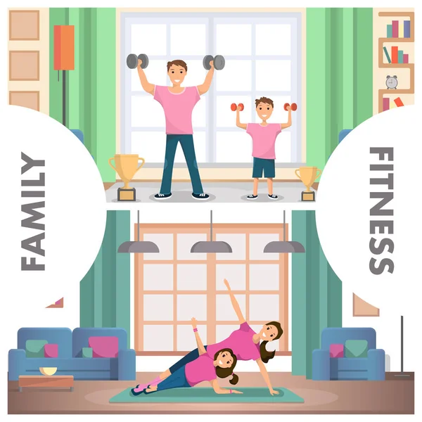Banner Set Image Fitness familie Training thuis — Stockvector