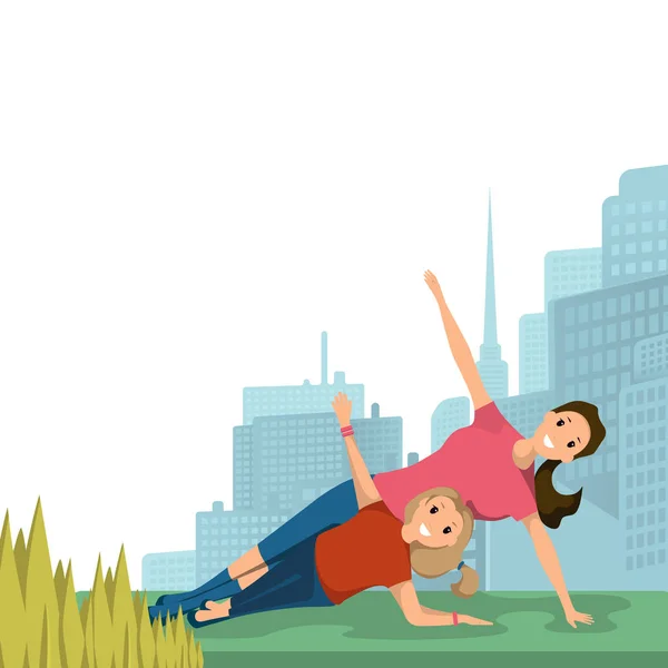 Mutter und Tochter beim Yoga-Sport im Stadtpark — Stockvektor