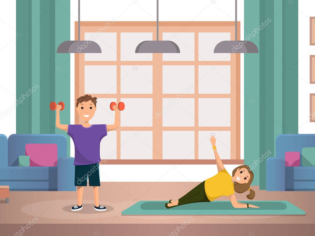 Happy Child Doing Morning Fitness Exercises Home