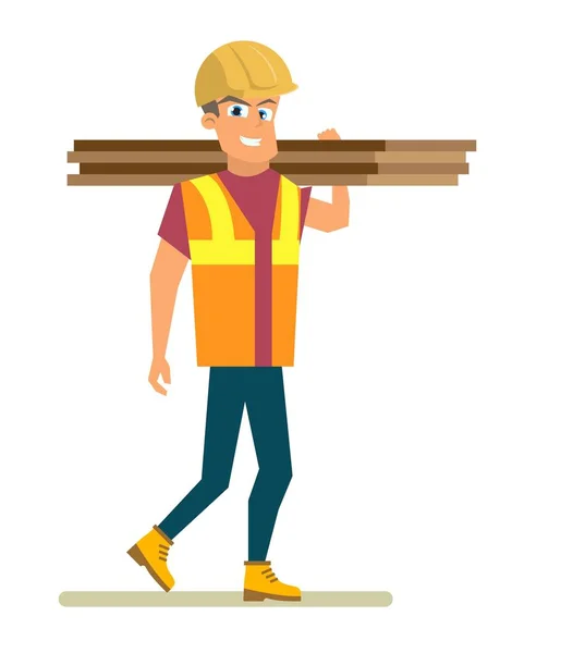 Trabalhador transportando materiais de construção Vetor plano — Vetor de Stock