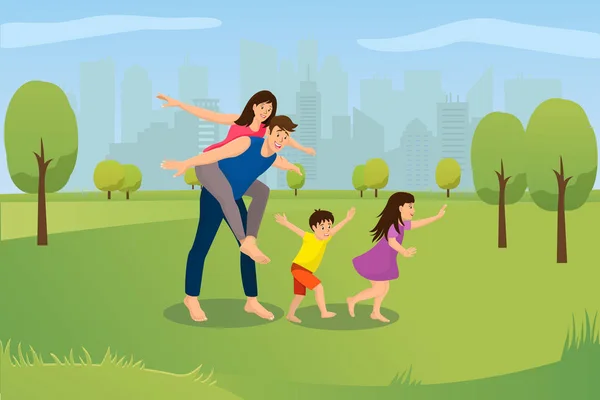 Familia feliz jugando en el parque de la ciudad Vector de dibujos animados — Vector de stock