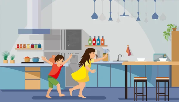 Niños felices jugando en vectores planos de cocina — Vector de stock