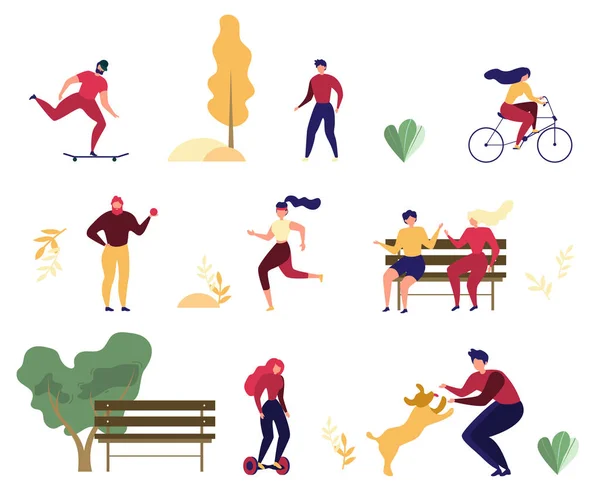 Personnes Activités de plein air dans le parc Flat Vector Set — Image vectorielle