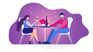 Beyaz arka plan üzerinde izole Restoran düz vektör kavramı romantik tarih. Çift Cafe lokanta masada oturan, şarap içme, yıldönümü illüstrasyon kutlama aşık. Sevgililer günü Dating
