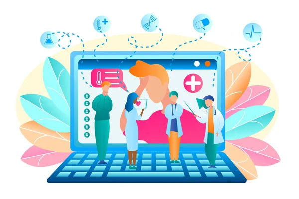 Flat Vector Group Doctor Discuss Patient Treatment. Illustration Man Turned for Help to Doctor Online. Male and Female Medical Professional Standing on Laptop are Discussing Symptom Patient Illness.