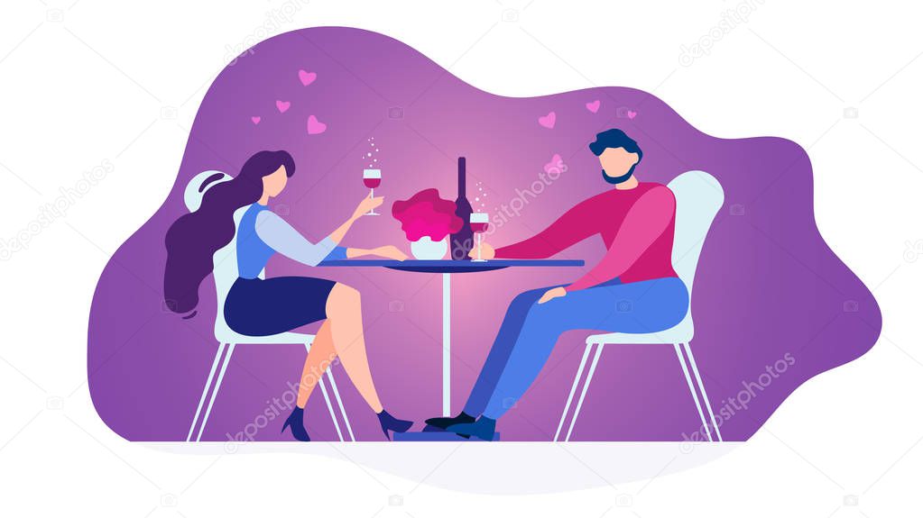 Romantic Date in Restaurant Flat Vector Concept Isolated on White Background. Couple in Love Sitting at Diner Table in Cafe, Drinking Wine, Celebrating Anniversary Illustration. Valentines Day Dating