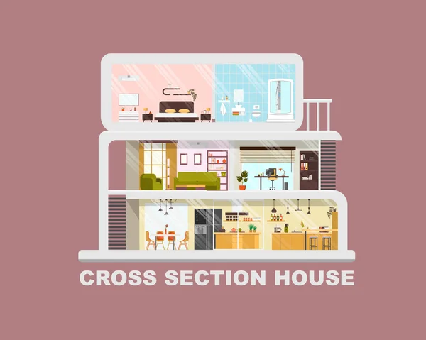 Moderní dům kříž sekce plochých Vector interiéry — Stockový vektor