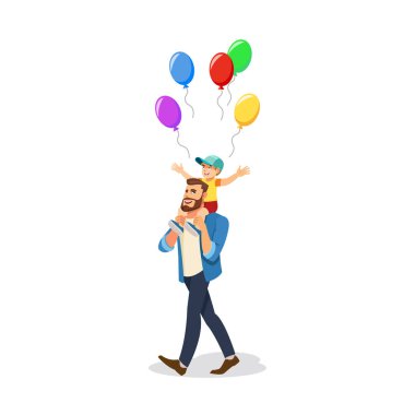 Mutlu baba onun omuzlarında, renkli balonlar karikatür vektör çizim uçan oturan neşeli oğlu ile yürüme beyaz arka plan üzerinde izole. Babalar günü, Çocuk Doğum günü kutlama kavramı