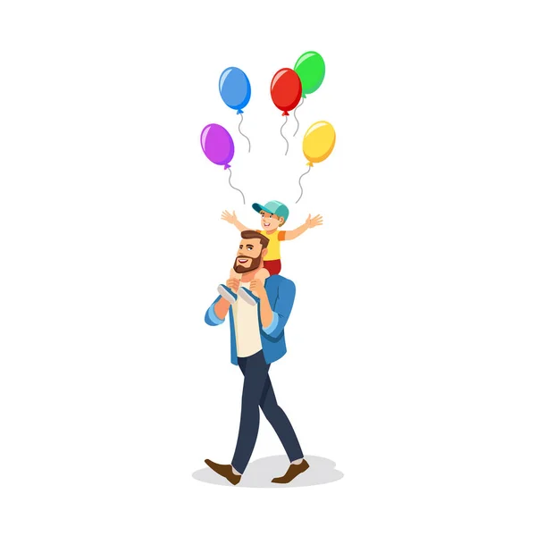 Happy Father Walking Joyful Son Sitting His Shoulders Colorful Balloons — Archivo Imágenes Vectoriales