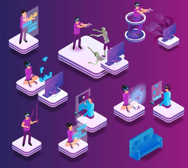 Isometric Gaming Experience Virtual Reality Illustration Jeu Vectoriel Communication Ligne — Image vectorielle