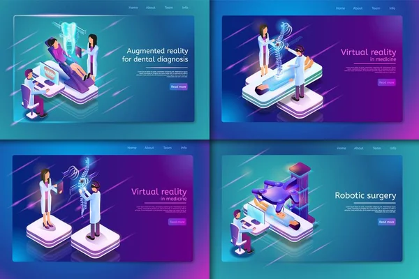 Set Banner Isometric Medical Treatment for Patient. Vector Illustration Group Doctor Examining Diseases in People. Augmented Reality for Dental Diagnosis, Virtual Reality in Medicine, Robotic Surgery