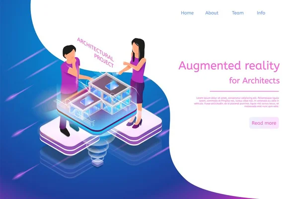 Isometric Banner Augmented Reality Architects Vector Illustration Man Woman Working — Stock Vector