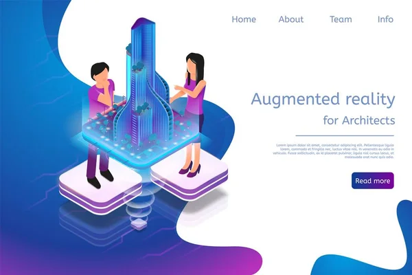 Isometric Banner Augmented Reality Architects Vector Illustration Man Woman Working — Stock Vector