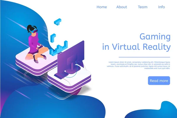 Isometric Banner Gaming Réalité Virtuelle Illustration Vectorielle Fille Jouer Jeu — Image vectorielle