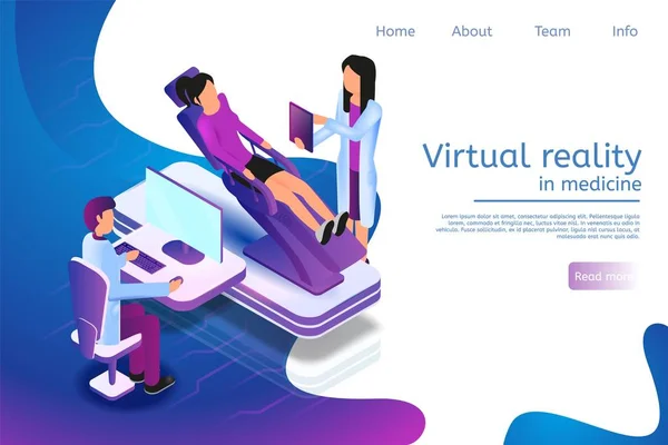 Banner Isométrico Realidade Virtual Medicina Vector Ilustração Homem Mulher Doutor —  Vetores de Stock