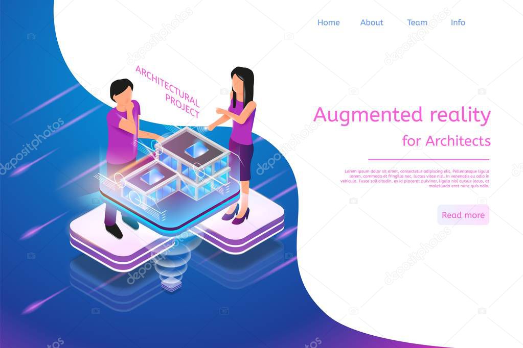 Isometric Banner Augmented Reality for Architects. Vector Illustration Man and Woman Working Architectural Project. Graphic Projection Building Structure City. Technology Future Work and Business