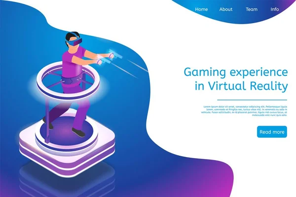 Изометрический Игровой Опыт Виртуальной Реальности Векторный Баннер Парень Играющий Видеоигру — стоковый вектор