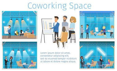 Modern Coworking Rahat Merkezi Hizmet Banner. Creative Shared Workspace'te çalışın. Serbest Genç Karakter Açık Alan Ofis Laptop tarafından çalışma. Düz Karikatür Vektör İllüstrasyon