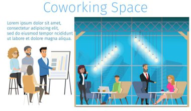 Coworking alan Banner takım çalışma serbest. Laptop yanında çalışma, sunum, yaratıcı açık alan ofiste sohbet yapma genç karakter gülümseyerek. Düz çizgi film vektör çizim