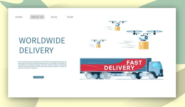 Latanie Drone z działki. Ekspresowe dostawy samochodów ciężarowych — Wektor stockowy