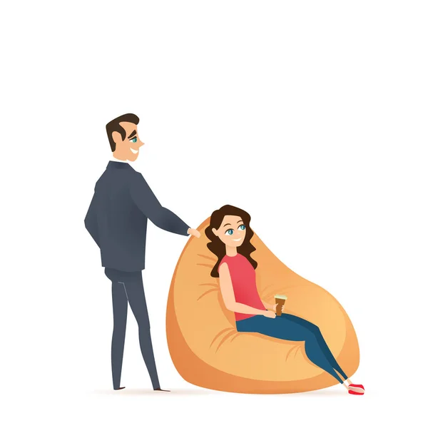 Siège de femme dans une chaise Beanbag, homme debout derrière — Image vectorielle