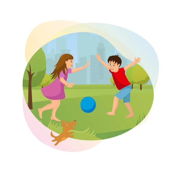 Crianças felizes jogando no parque da cidade Cartoon Vector — Vetor de Stock