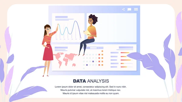 Global Data Analysis Grath Personagem de mulher de negócios — Vetor de Stock