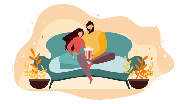 Casal assistindo filme no Hone Flat Vector Concept — Fotografia de Stock