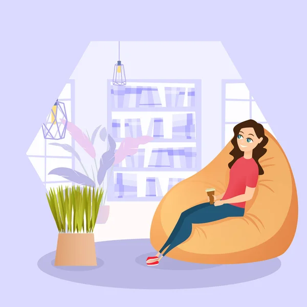 Illustration fille reposant dans la chaise avec tasse de café — Image vectorielle