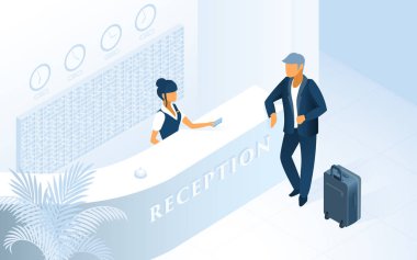 Modern otel resepsiyonu hizmet izometrik vektör