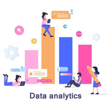 İş verileri analiz geliştirme illüstrasyon. Internet araştırma karakter düz çizgi film vektör. Ekip çalışması insanlar Analytics teknoloji diyagramı. Takım toplamak sosyal medya bilgi