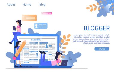 Sosyal medya dijital Blogger yazar karakter. Yaratıcı metin yazarı Laptop makale içerik yazmak için kalem ve iş tutun. Öğrenci Blog metin afiş düz çizgi film vektör çizim düzenleme