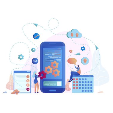Mobil uygulama geliştirme vektör çizim. Smartphone arabirimi oluşturma işlemi, Gadget App kurmak. Kadın düzenlemek, gelenek aygıt. İnsanlar bulut depolama bilgi alışverişi için kullanmak.