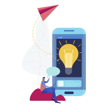 Yaratıcı mobil uygulama fikir Smartphone ekran. Ampul Gadget gösteri geliştirici düşünüyorum. Lamba aygıt ekranda ağa kağıt uçak mesaj gönderin. App vermek erkek tasarımcı kavrama