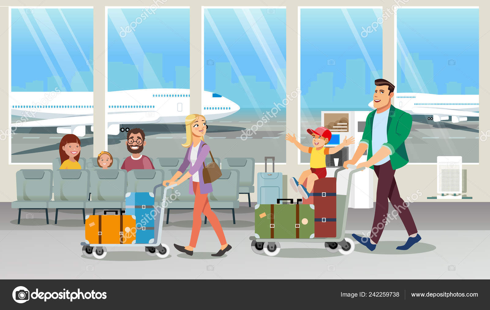 Family Carrying Baggage in Airport Cartoon Vector Stock Vector Image by  ©TeraVector #242259738