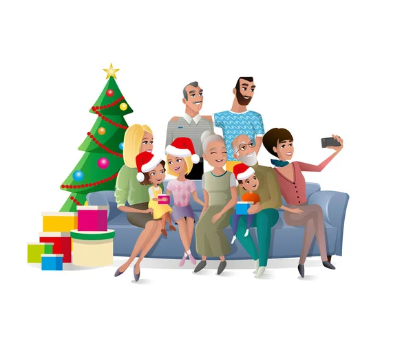 (Inggris) Family Selfie di Christmas Party Cartoon Vector - Stok Vektor
