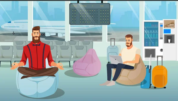 Orang-orang Beristirahat di Bandara Lounge Cartoon Vector - Stok Vektor