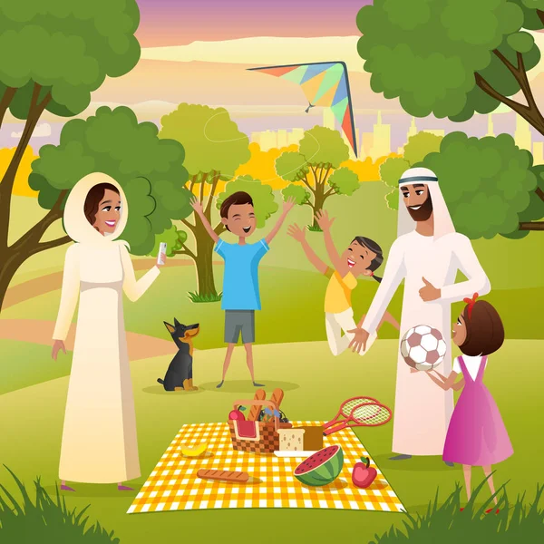 Happy Muslim Family on Picnic In City Park Vector — Stock Vector