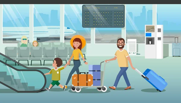 Familie eilt in Flughafen-Vektor zum Flugzeug — Stockvektor