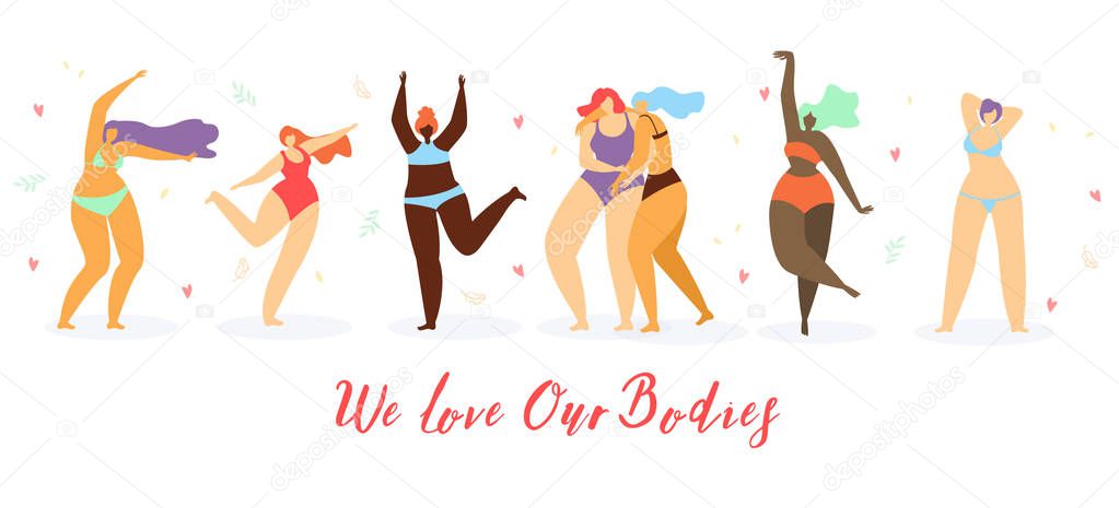Body Positive Women Dancing on Beach Flat Vector