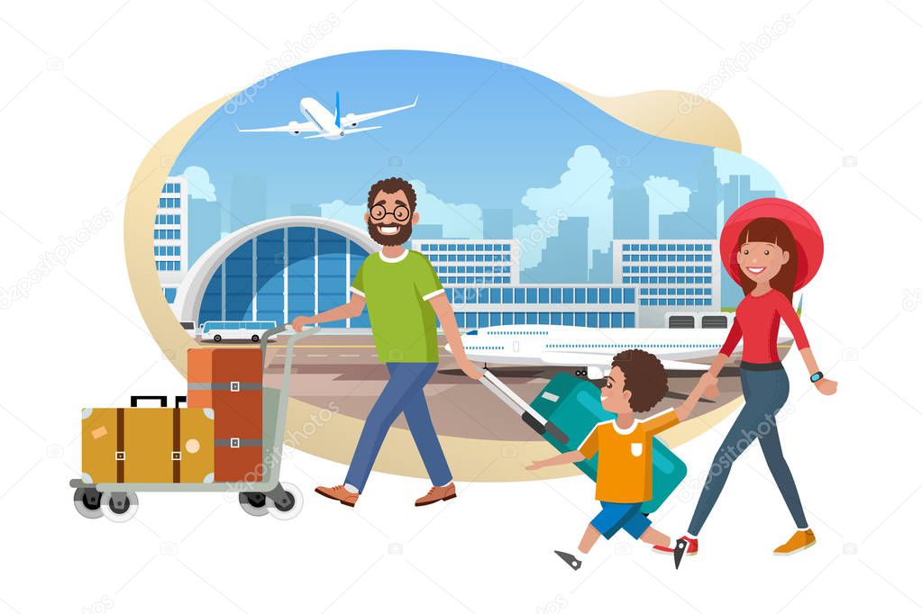 Family with Baggage in Airport Cartoon Vector
