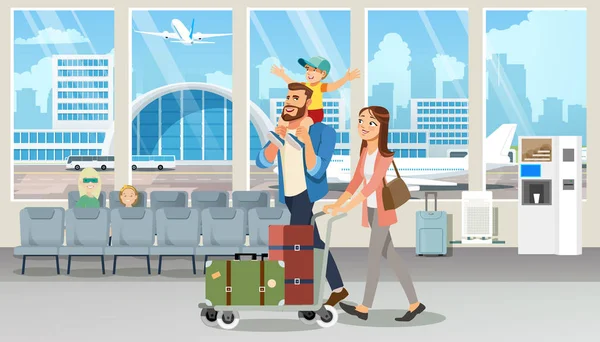 Boldog családi nyaralás utazás repülés rajzfilm vektor — Stock Vector