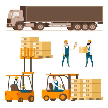 Depolama teslim ekipman öğe karakter kümesi. Kompakt Forklift arabalar çeşitli birlikte, kamyon, Depo işçisi üniformalı nakliye kutusuyla. Düz çizgi film vektör çizim