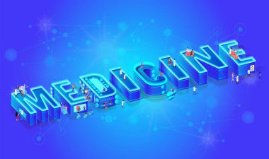 Neural ağ ile degrade arka plan üzerinde 3d neon izometrik kelime Medcine. Gelecekteki tıbbi teknoloji. İnsanlar hastalıkları için robot, artar ve sanal gerçeklik kullanarak personel tanı ve tedavisi