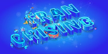 Franchising. İzometrik 3d Word. Büyük harflerle. Degrade arka plan. İş fırsatı, Bizopp, Franchise, dağıtım. Küçük insanlar akıllı teknoloji yaşam için kullanın. Neon şehir. Düz vektör çizim