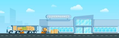 Kamyon markete mal teslim hızlı. Teslimat nakliye, Modern cam City alışveriş merkezi kutusuna ambar. Depolama dağıtım. İşçi kaldırma paketi formu Van. Düz çizgi film vektör çizim